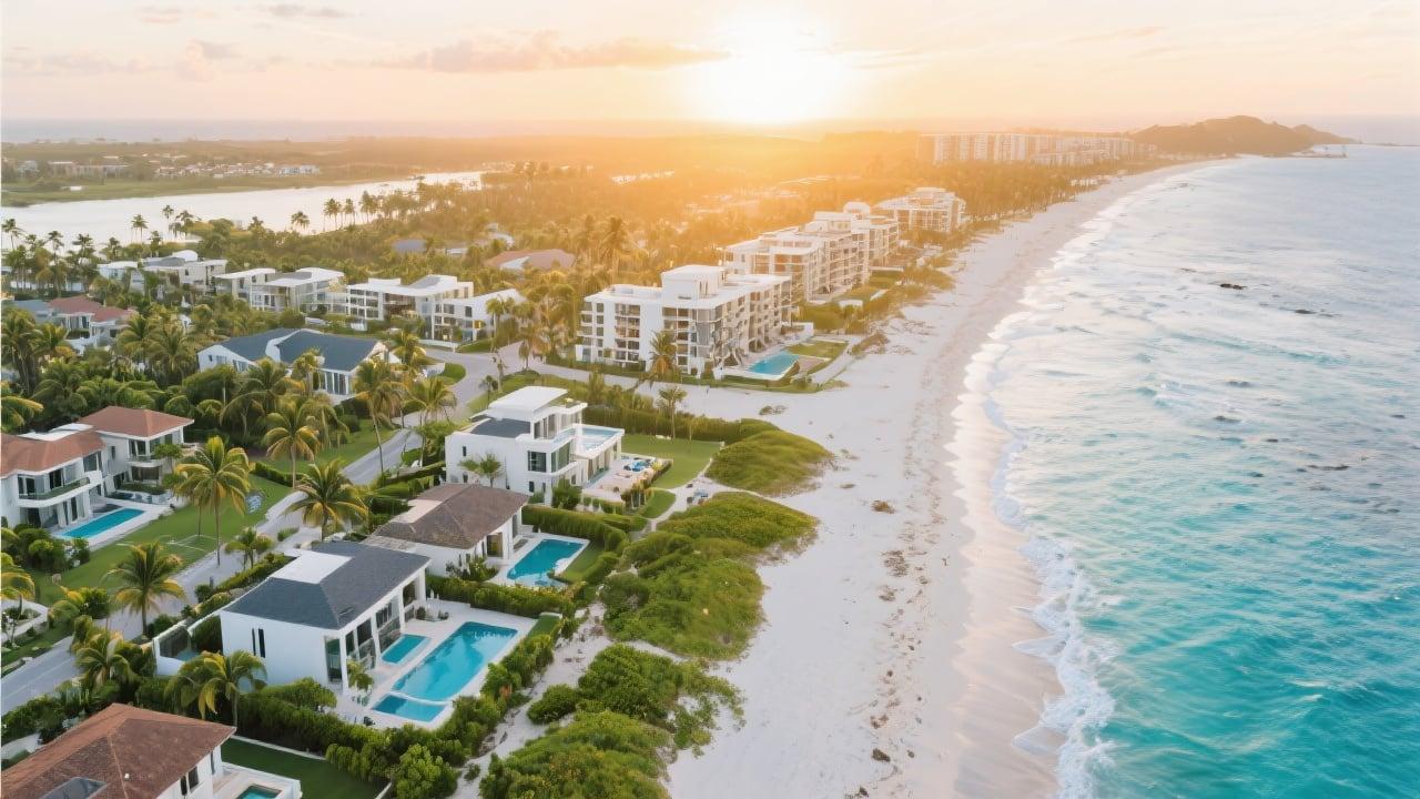 A stunning aerial view of the Punta Cana real estate market, showing luxury developments and coastline at sunrise A stunning aerial view of the Punta Cana real estate market, showing luxury developments and coastline at sunrise